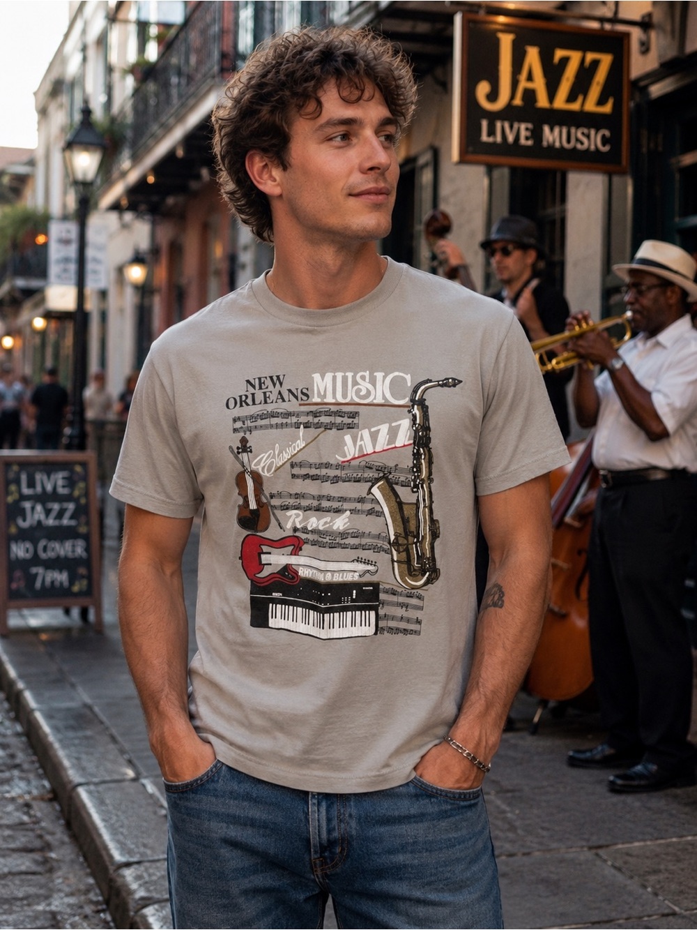 Vintage Single Stitch New Orleans Music Jazz Graphic T-Shirt 80s 90s Gray Medium